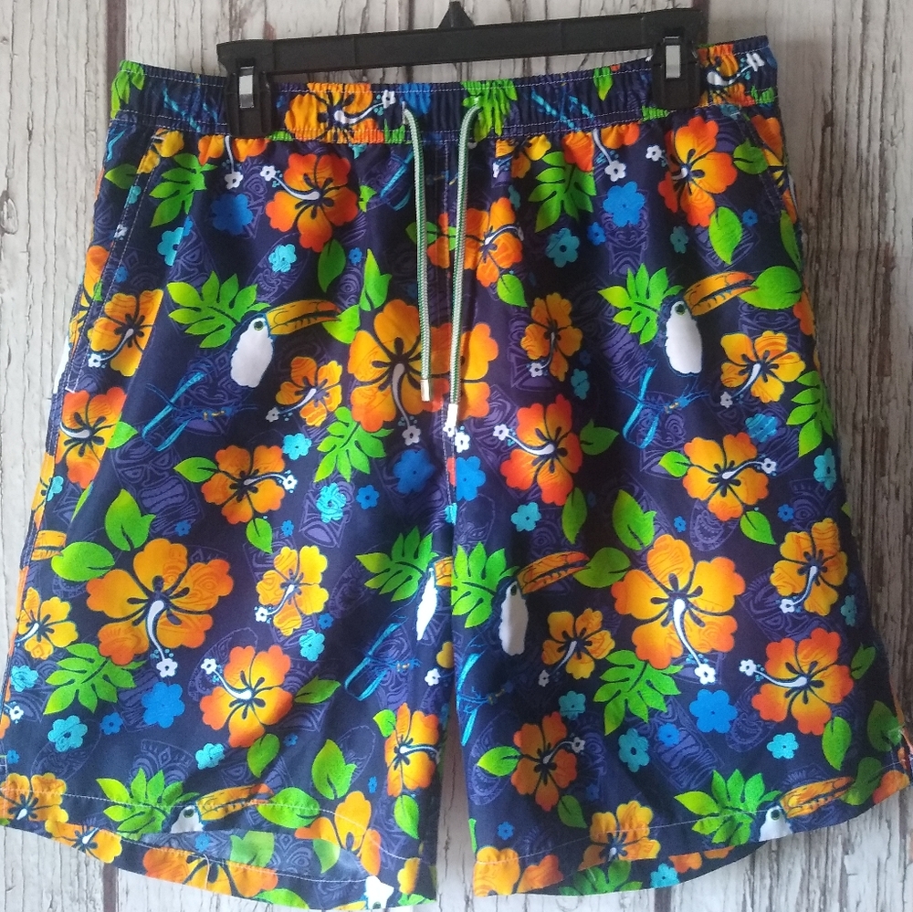 Peter Millar Floral Hibiscus Bird Print Lined Swim Trunks Bathing Suit (32) LG